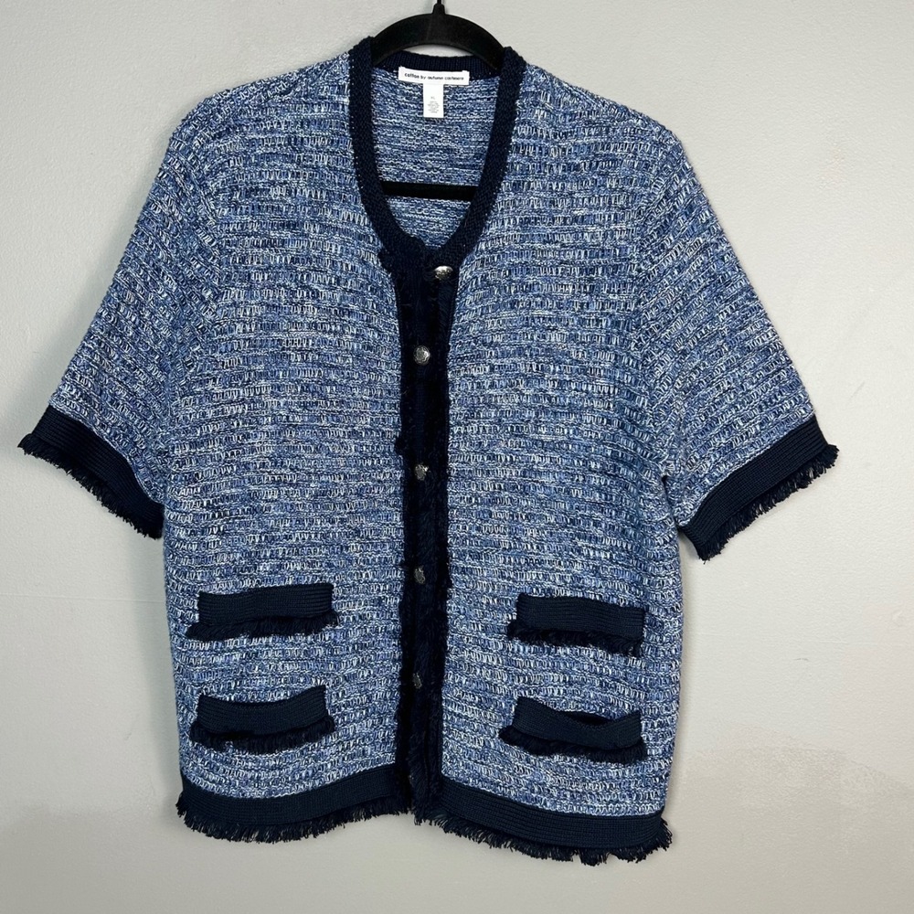 Cotton by Autumn Cashmere Tweed Cardigan XL Blue Fringe Office Preppy Coastal